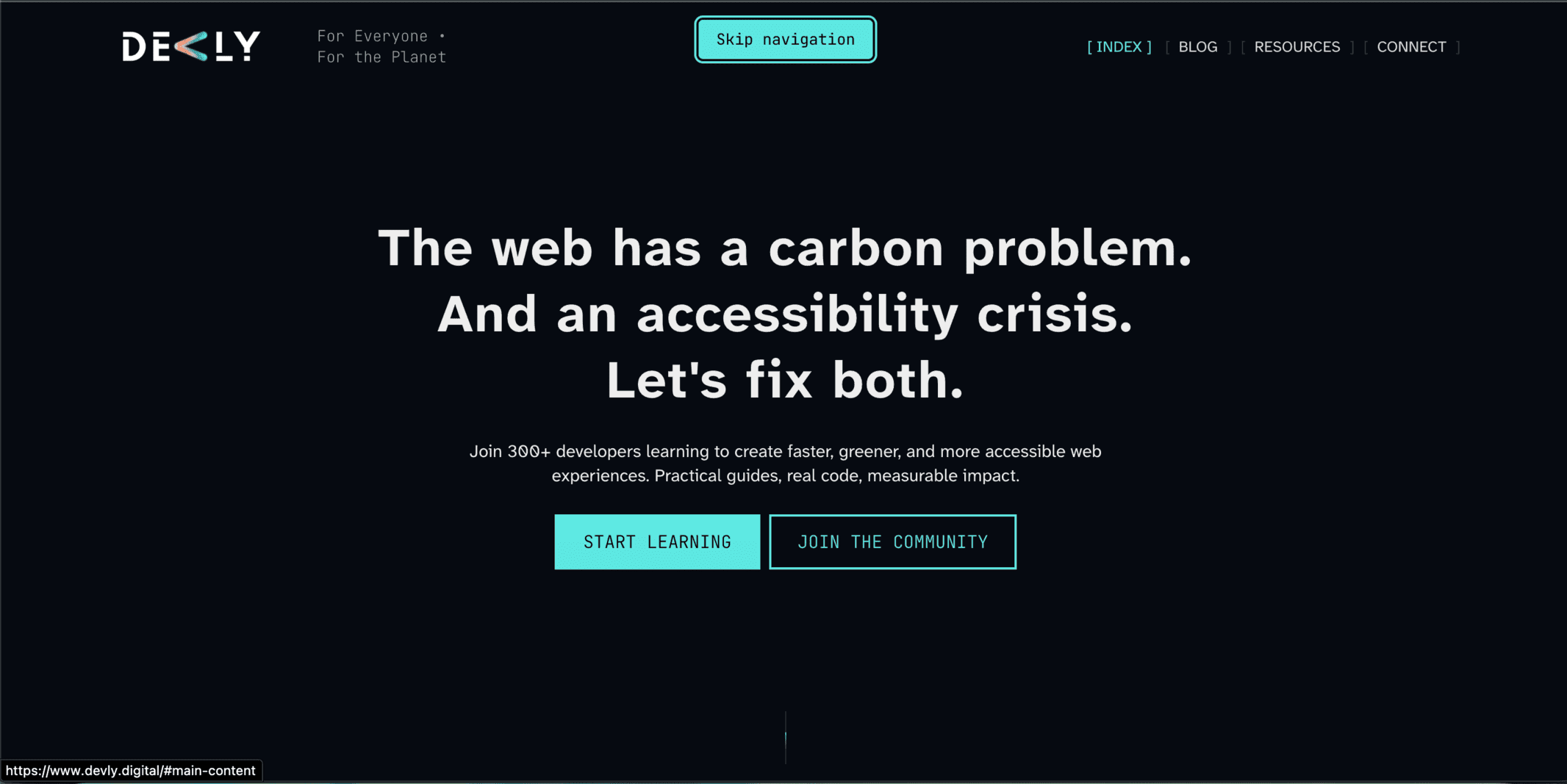 Screenshot of the Devly website homepage with the "Skip navigation" link visible and focused in the header.