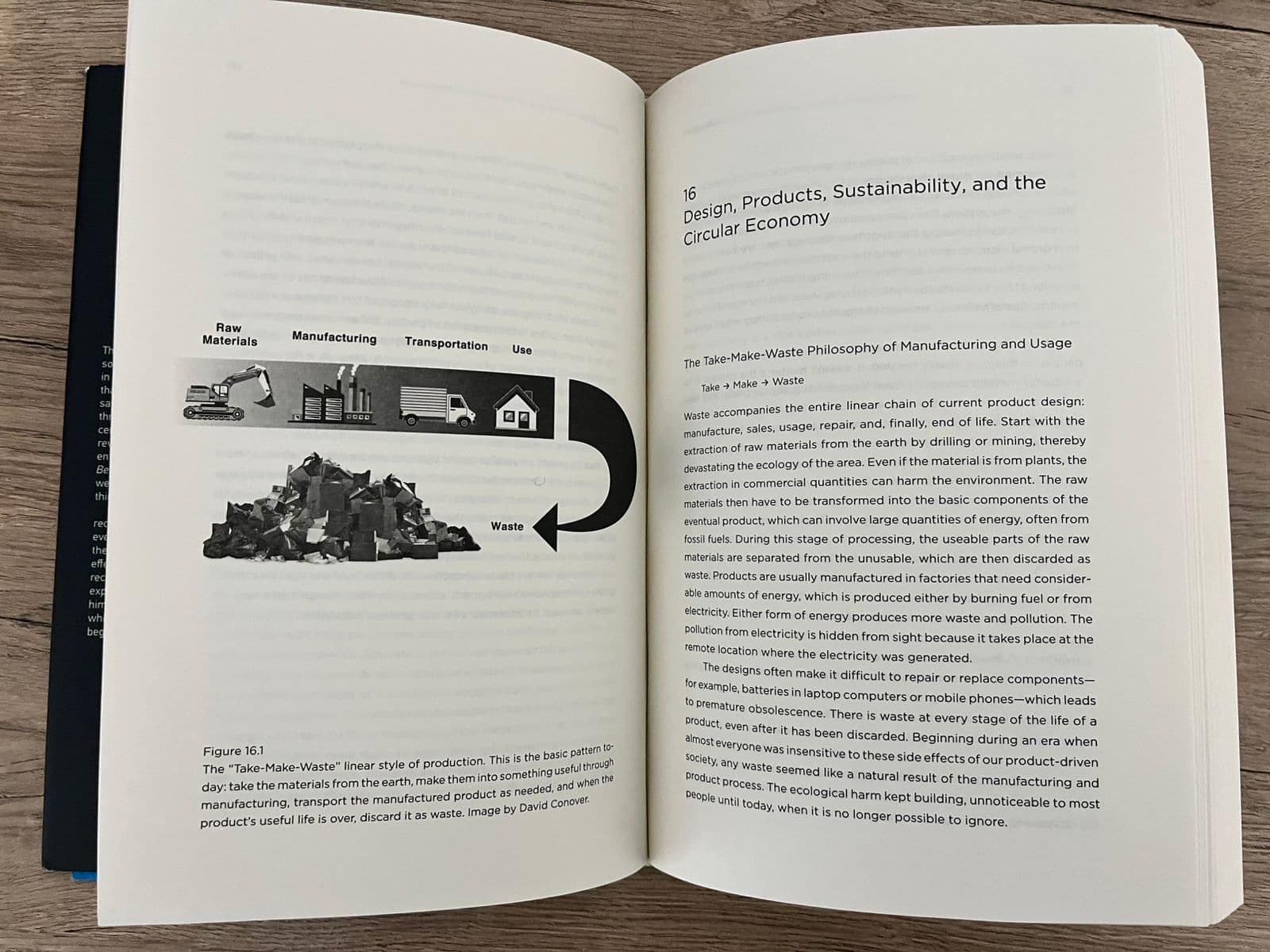 n open spread from Don Norman's Design for a Better World showing Chapter 16 and the Take-Make-Waste diagram